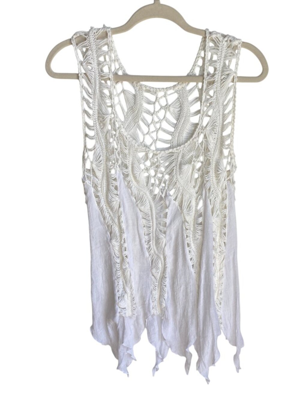 Mixed Media Crochet Shredded Gauze Tank Top Boho Fairy Grunge Festival White-S/M